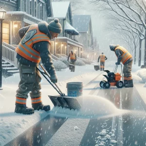 DALL·E 2024-03-13 20.20.22 - A realistic scene depicting a winter service team in action during a snowfall. The focus is on workers spreading salt on icy sidewalks to prevent slip