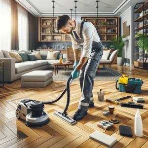 DALL·E 2024-03-13 20.26.31 - A professional scene depicting a floor care service provider performing maintenance on parquet flooring. In a well-organized living space with modern