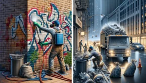 DALL·E 2024-03-13 20.34.03 - A detailed urban scene focusing on graffiti removal and trash collection services. The left side of the image shows a professional cleaning team using